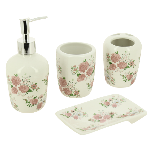 Набор для ванной 4 предмета ДОЛЯНА Розовые розы мыльница дозатор для мыла 2 стакана керамика пластик 000000000001209726