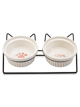 Миска для животных 300мл двойная на подставке ЛАПКИ в ассортименте керамика/металл 000000000001229128