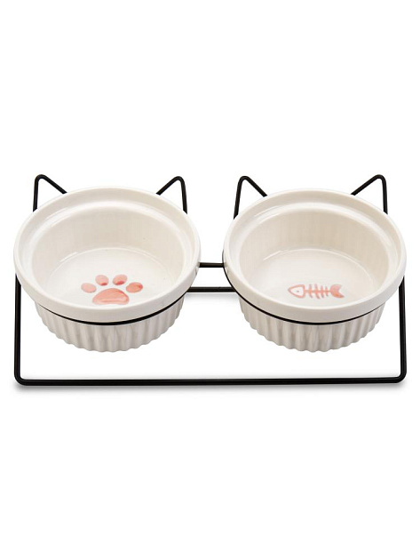 Миска для животных 300мл двойная на подставке ЛАПКИ в ассортименте керамика/металл 000000000001229128