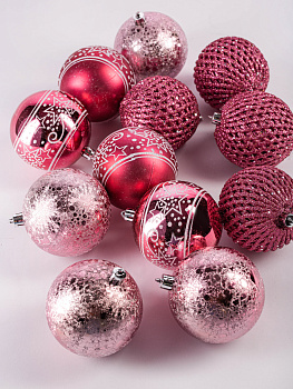 Набор новогодних шаров 12шт 8см розовый пластик 000000000001209028