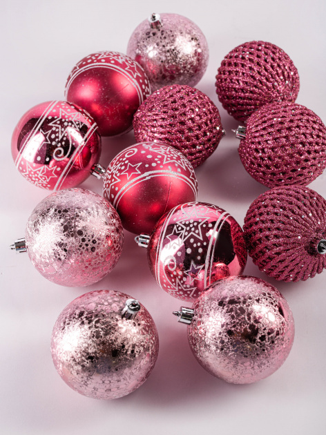 Набор новогодних шаров 12шт 8см розовый пластик 000000000001209028