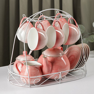 Сервиз чайный 15 предметов (чашка-6шт/блюдце-6шт/молочник/чайник/сахарница) ДОЛЯНА Млечный путь розовый фарфор 000000000001210618