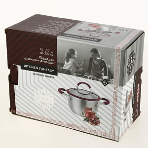 Кастрюля из нержавеющей стали,стеклянная крышка с пароотводом и силиконовым ободком, ручки с силиконом 1,6л KITCHEN FANTASY Cristell 000000000001192854