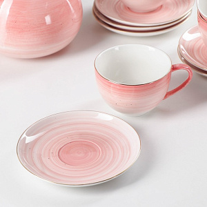 Сервиз чайный 15 предметов (чашка-6шт/блюдце-6шт/молочник/чайник/сахарница) ДОЛЯНА Млечный путь розовый фарфор 000000000001210618