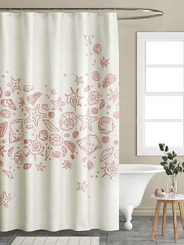 Шторка для ванной 180x200см DE'NASTIA Ракушки с водоотталкивающей пропиткой молочный/розовый полиэстер 000000000001177117