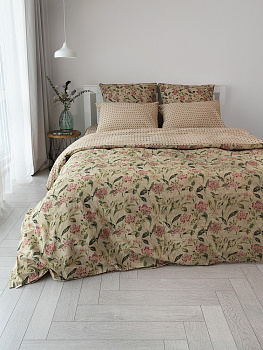 КомплектПостельногоБельяЕвроDE'NASTIA(пододеяльник200х220Простыня230х260Наволочки50x70см2шт70х70см2шт)VisionЦветыОрнаментЗеленыйТемноРозовыйЖатыйХлопо 000000000001227507