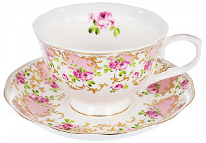 Чайная пара чашка 250мл + блюдце, розы в золоте, подарочная упаковка,122-05006 000000000001181585