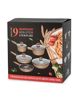 Набор посуды для приготовления 9 предметов (ковш 16см 1,4л/кастрюля 24см 4,6л/сковорода 20см, 24см/сковорода вок-28см/крышка 4шт) черный алюминий 000000000001229791