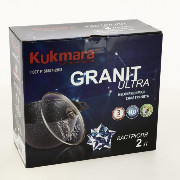 Кастрюля 2л KUKMARA Granit ultra original со стеклянной крышкой антипригарное покрытие алюминий кго22а 000000000001204819