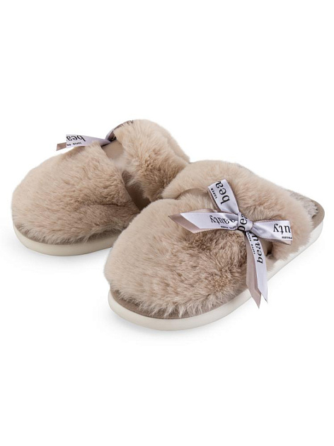 Тапочки домашние 38-39 женские меховые атласный бант бежевый полиэстер/ПВХ 000000000001228918