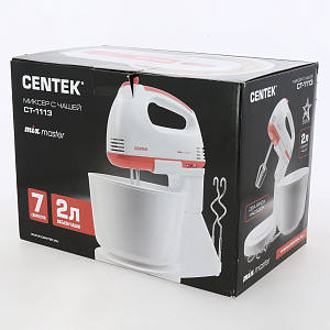 Миксер с чашей CENTEK CT-1113 мощность 200Вт 7 скоростей взбивание/замешивание белый/красный пластик 000000000001211270