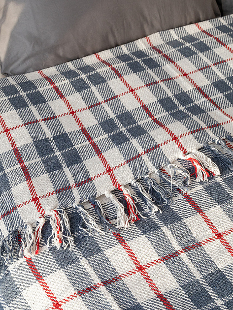 Покрывало 150x200см DE'NASTIA клетка синий/белый хлопок 000000000001229646