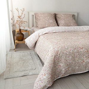 Комплект постельного белья 1,5спальный DE'NASTIA (70x70см-2шт/под-145x210см/пр-150x215см) Магнолия бежевый/розовый жатый хлопок 000000000001221443