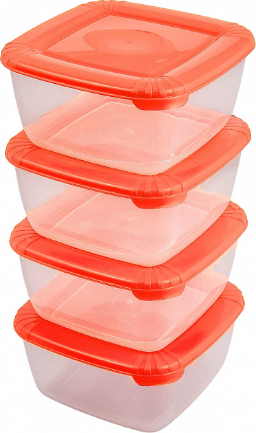 Набор контейнеров для продуктов Plast Team POLAR, квадратных, 4 шт. (0,46л), коралловый, 115х115х100 (PT1092) 000000000001201527