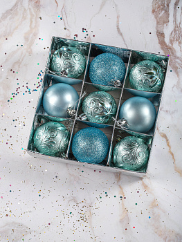 Набор украшений декоративных 9шт голубой пластик (шар матовый 6см-2шт, шар с блестками 6см-2шт, шар с рисунком 6см-5шт) 000000000001208296