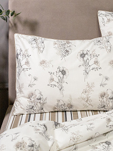 Комплект постельного белья Семейный DE'NASTIA Ботаника принт (наволочки50x70,70x70,пододеяльник145x210,простыня230x260)белый/бежевый сатин-твил хлопок 000000000001230677