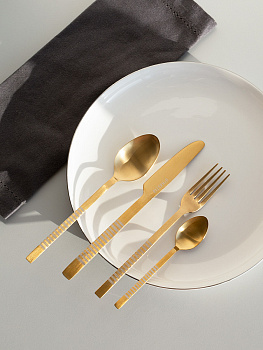 Набор столовых приборов 4 предмета (ложка чайная, ложка столовая, нож столовый, вилка столовая) DE'NASTIA Орион лазер золотистый нержавеющая сталь 000000000001229638