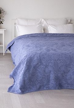 Покрывало 150x200см LUCKY Листья с бахромой синее 100% хлопок 000000000001212554