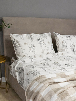 Комплект постельного белья 1,5сп DE'NASTIA Ботаника принт (наволочка 50x70см,пододеяльник 145x210см,простыня 150x215см)белый/бежевый сатин-твил хлопок 000000000001230674