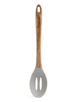 Ложка с прорезями 33x6,2x1,6см DE'NASTIA деревянная ручка серый силикон 000000000001213959