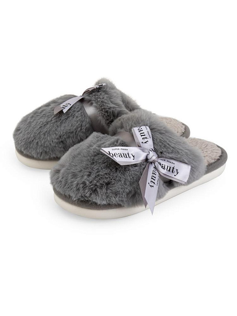 Тапочки домашние 38-39 женские меховые атласный бант серый полиэстер/ПВХ 000000000001228915