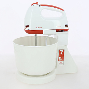 Миксер с чашей CENTEK CT-1113 мощность 200Вт 7 скоростей взбивание/замешивание белый/красный пластик 000000000001211270