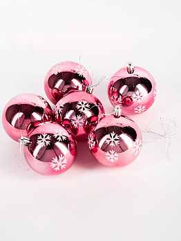 Набор новогодних шаров 6шт 8см Снежинка розовая роза пластик 000000000001208644