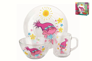Набор детской посуды 3 предмета (салатник/кружка/тарелка) КОРАЛЛ Тролли стекло 000000000001197537