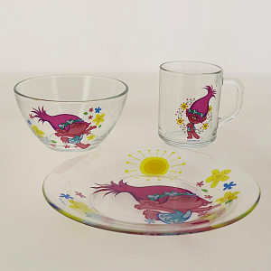 Набор детской посуды 3 предмета (салатник/кружка/тарелка) КОРАЛЛ Тролли стекло 000000000001197537