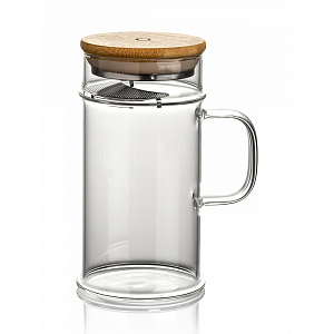 Кружка заварочная 400мл DE'NASTIA бамбуковая крышка сито прозрачный стекло 000000000001224639