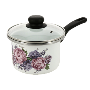Ковш 1,5л с пластиковой ручкой, цилиндрической формы со стеклянной крышкой, белая внутри, белая с деколью Гортензия снаружи стальной эмалированный 000000000001199112