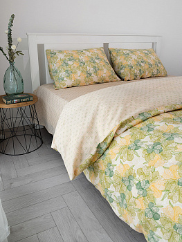 Комплект постельного белья1,5спDE'NASTIA(пододеяльник145х210смПростыня150х215смНаволочки50x70см-2шт)Флёр Орхидеи/Орнамент зеленый/бежевый жатый хлопок 000000000001227502