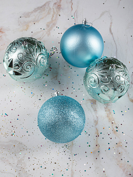 Набор украшений декоративных 4шт голубой (шар матовый 10см-1шт, шар с блестками 10см-1шт, шар с рисунком 10см-2шт) 000000000001208298