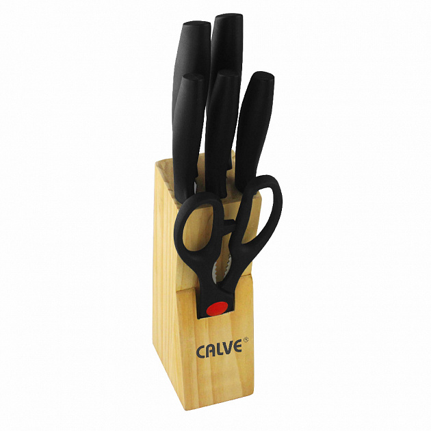 Набор ножей 7 предметов с подставкой CALVE CL-3133.Подставка дерево,ножницы,нож поворской 20см,д/нарезки 20см,разделочный 14см,униве 000000000001194612