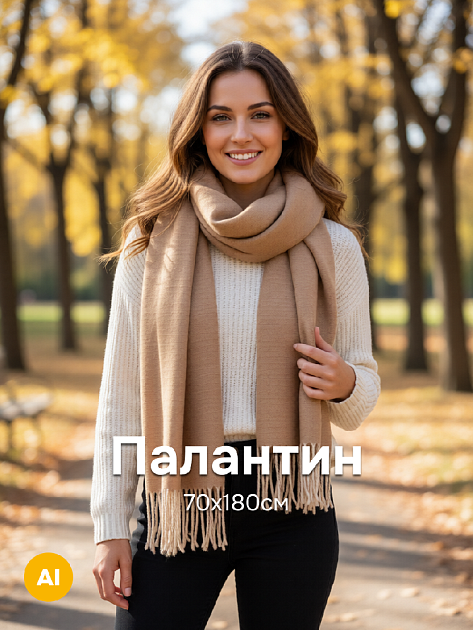 Палантин 70х180см однотон двусторонний бежевый полиэстер 000000000001229227