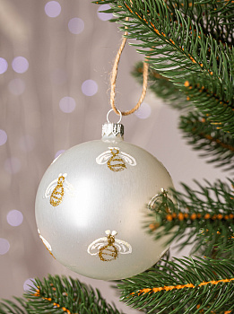 Декоративное украшение Шар №5 D9,5см БИРЮСИНКА Пчелы белый стекло 000000000001207649
