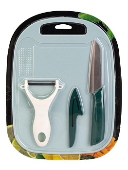 Набор кухонный 3 предмета (Нож универсальный 9,5см, нож для чистки овощей 12см, доска разделочная 25х18см) в ассортименте нержавеющая сталь/ПП 000000000001229426