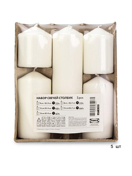 Набор свечей столбик 5шт(9х9,5см,12х5,9см,15х5,9см,8х6,7см,13х6,7см) FORA парафин 000000000001225479