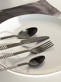 Набор столовых приборов 4 предмета (ложка чайная, ложка столовая, нож столовый, вилка столовая) DE'NASTIA Орион лазер матовый черный нержавеющая сталь 000000000001229637