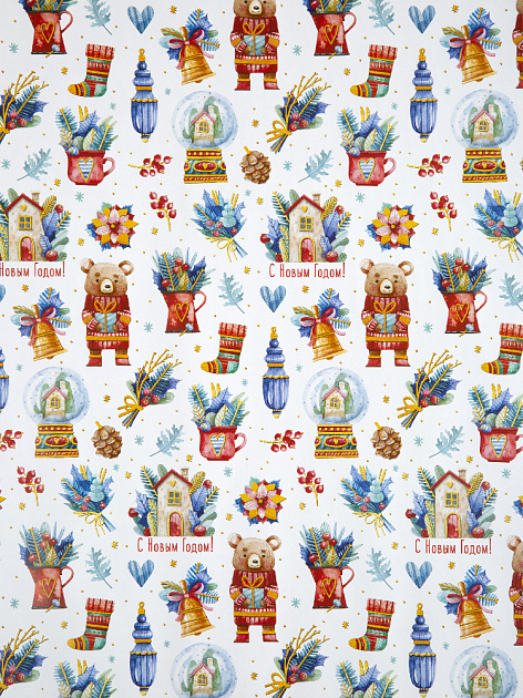 Упаковочная бумага Новогодний медвежонок в рулонах, мелованная с двух сторон, с полноцветным декоративным рисунком, плотность 80 г/м 000000000001191370