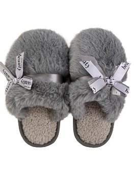 Тапочки домашние 40-41 женские меховые атласный бант серый полиэстер/ПВХ 000000000001228916