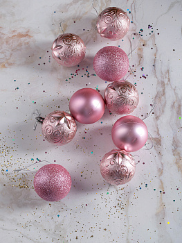 Набор украшений декоративных 9шт розовый пластик (шар матовый 6см-2шт, шар с блестками 6см-2шт, шар с рисунком 6см-5шт) 000000000001208302