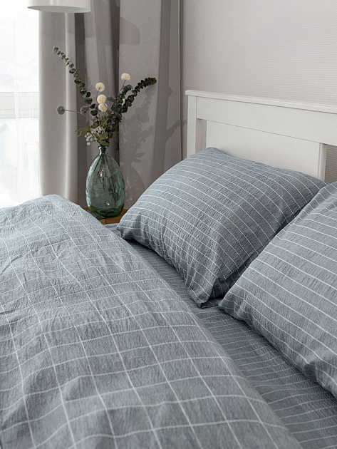Комплект постельного белья 2сп DE'NASTIA (пододеяльник 175х210см, простыня 215х240см, наволочки 50x70см-2шт) Идиллия Полоска/Клетка серый жатый хлопок 000000000001227512
