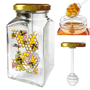 Банка для хранения 312мл LARANGE Пчела на сотах с металлической крышкой с ложкой-веретено стекло 000000000001212471