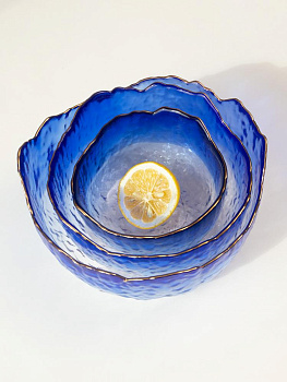 Салатник 13x6,5см/350мл LUCKY маленький синий/белый с золотой каймой стекло 000000000001217901