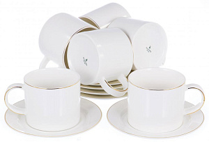 набор чайный,12шт,6 чашек280мл+6 блюдец,NEW BONE CHINA, декор белый с золотом, квадратная подарочная упаковка с окном и бантом,Дакин 000000000001190077