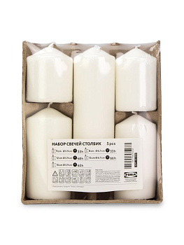 Набор свечей столбик 5шт(9х9,5см,12х5,9см,15х5,9см,8х6,7см,13х6,7см) FORA парафин 000000000001225479