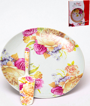 Набор для торта 2 предмета (блюдо 27см/лопатка) OLAFF Флора фарфор 000000000001197832