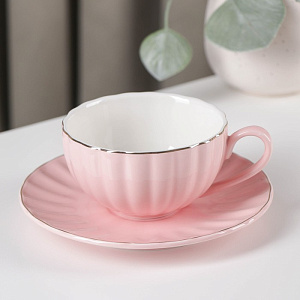 Чайная пара 200мл 15см ДОЛЯНА Вивьен розовая фарфор 000000000001210607