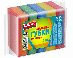 Губки для посуды 5шт 8,5х6х2,5см AVIKOMP Eco Technology Макси mix поролон/абразивный материал 000000000001212936
